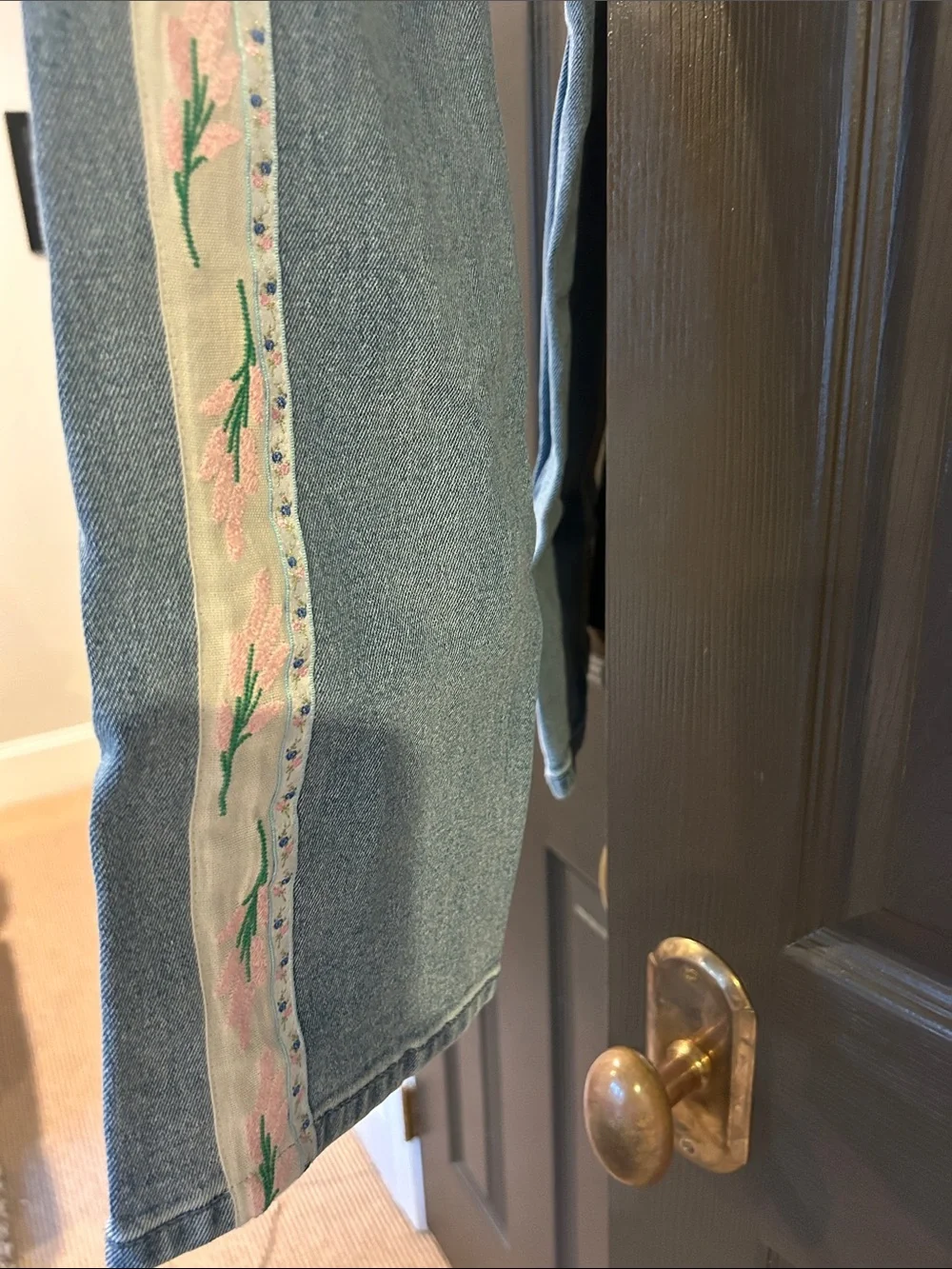 Tory Burch Light Blue Straight Leg Jeans with Gold Button and Ribbon Detail